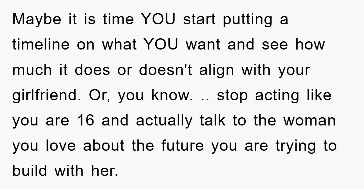 Maybe it is time YOU start putting a timeline on what YOU want and see how much it does or doesn't align with your girlfriend. Or, you know. .. stop...