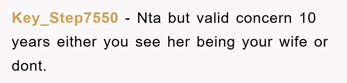 Key_Step7550 − Nta but valid concern 10 years either you see her being your wife or dont.