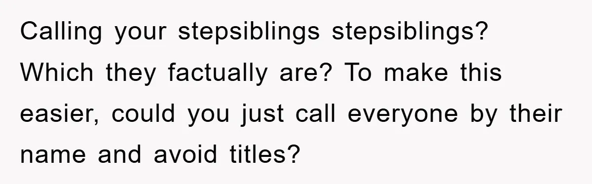 Calling your stepsiblings stepsiblings? Which they factually are? To make this easier, could you just call everyone by their name and avoid titles?
