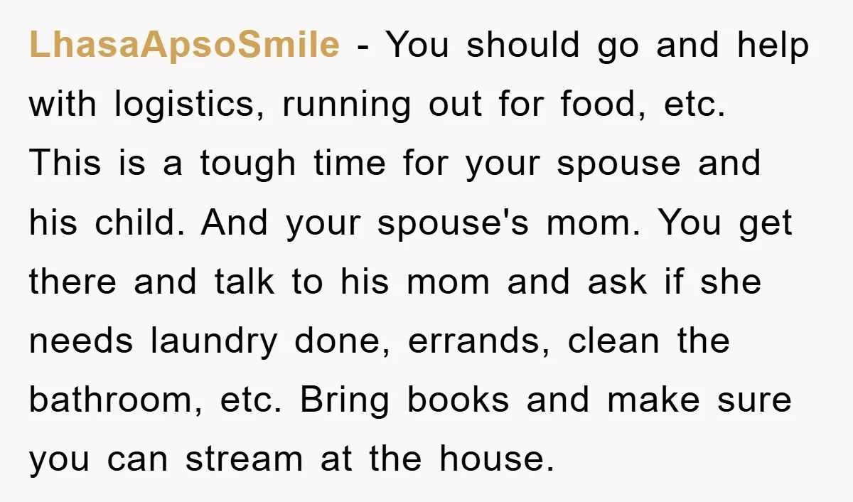 LhasaApsoSmile − You should go and help with logistics, running out for food, etc. This is a tough time for your spouse and his child. And your spouse's mom. You...