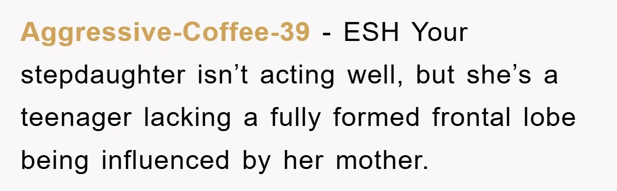 Aggressive-Coffee-39 − ESH Your stepdaughter isn’t acting well, but she’s a teenager lacking a fully formed frontal lobe being influenced by her mother.
