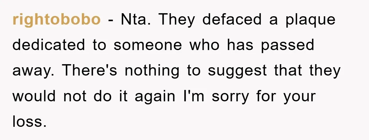 rightobobo − Nta. They defaced a plaque dedicated to someone who has passed away. There's nothing to suggest that they would not do it again I'm sorry for your loss.