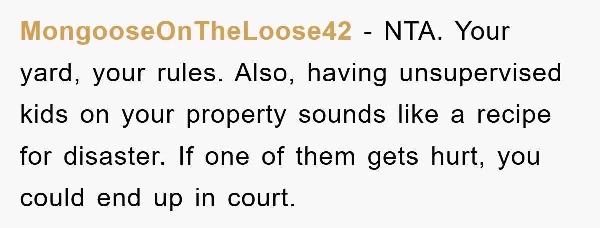MongooseOnTheLoose42 − NTA. Your yard, your rules. Also, having unsupervised kids on your property sounds like a recipe for disaster. If one of them gets hurt, you could end up...
