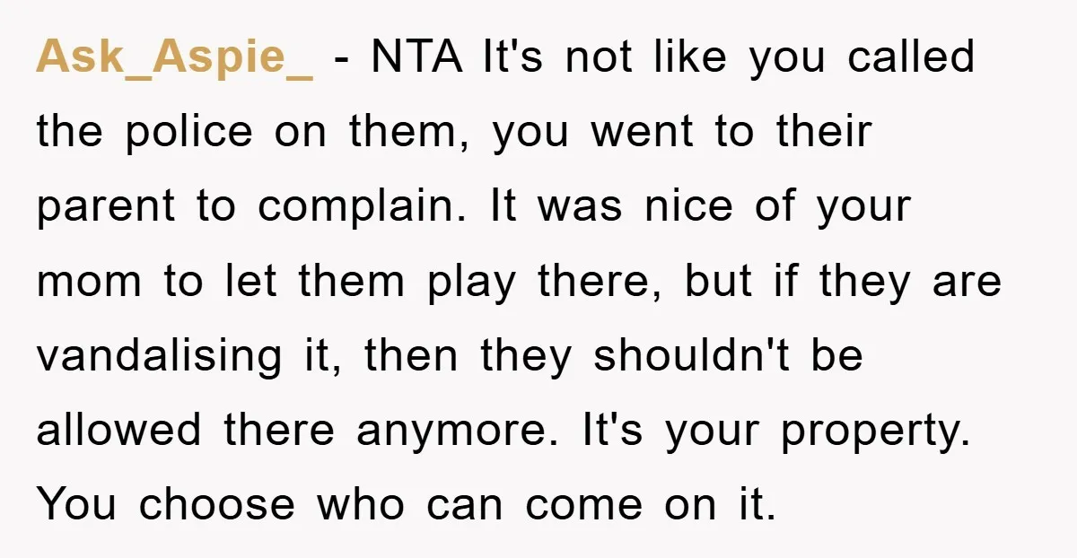 Ask_Aspie_ − NTA It's not like you called the police on them, you went to their parent to complain. It was nice of your mom to let them play there,...