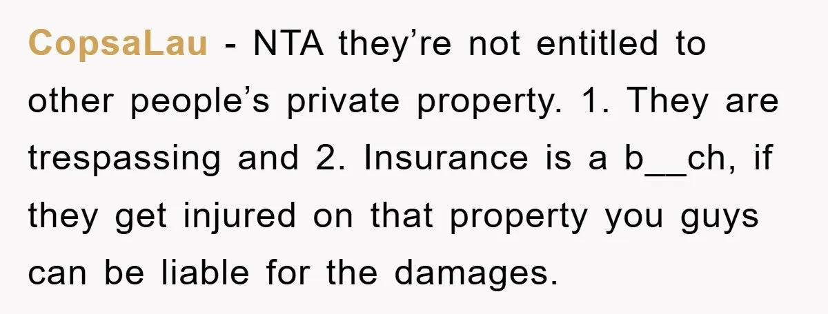 CopsaLau − NTA they’re not entitled to other people’s private property. 1. They are trespassing and 2. Insurance is a b__ch, if they get injured on that property you guys...