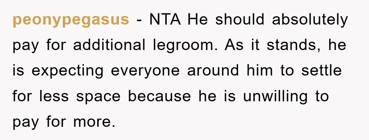 peonypegasus − NTA He should absolutely pay for additional legroom. As it stands, he is expecting everyone around him to settle for less space because he is unwilling to pay...