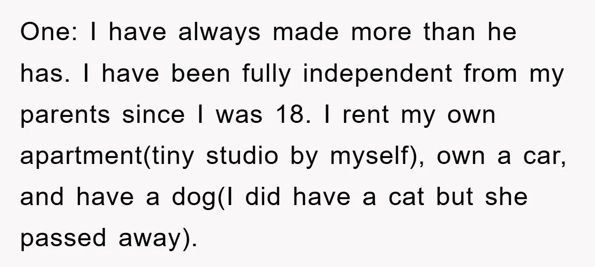 One: I have always made more than he has. I have been fully independent from my parents since I was 18. I rent my own apartment(tiny studio by myself), own...