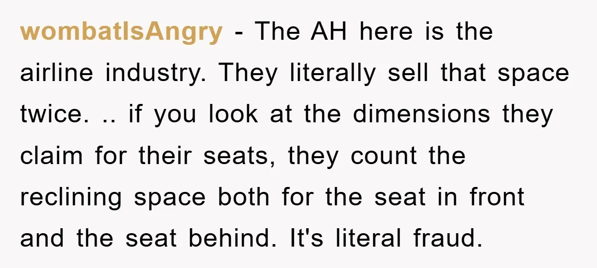 wombatIsAngry − The AH here is the airline industry. They literally sell that space twice. .. if you look at the dimensions they claim for their seats, they count the...