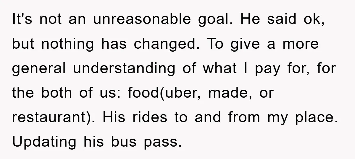 It's not an unreasonable goal. He said ok, but nothing has changed. To give a more general understanding of what I pay for, for the both of us: food(uber, made,...
