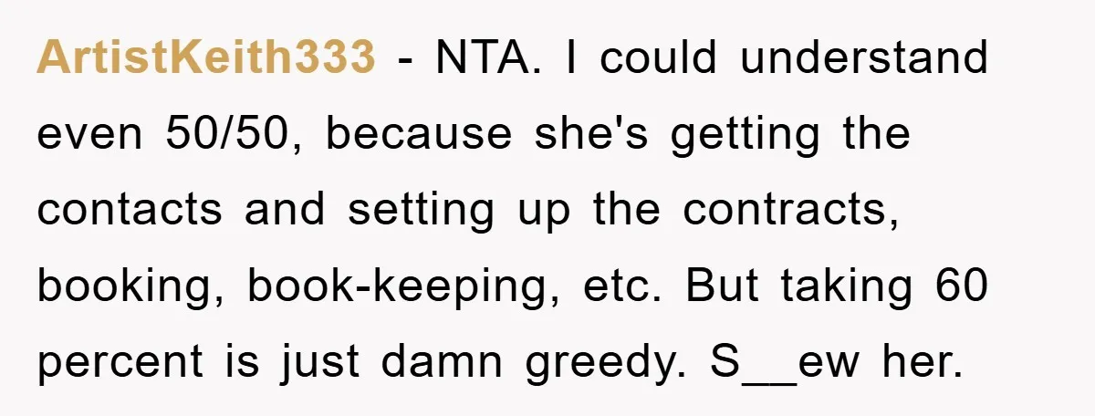 ArtistKeith333 − NTA. I could understand even 50/50, because she's getting the contacts and setting up the contracts, booking, book-keeping, etc. But taking 60 percent is just damn greedy. S__ew...