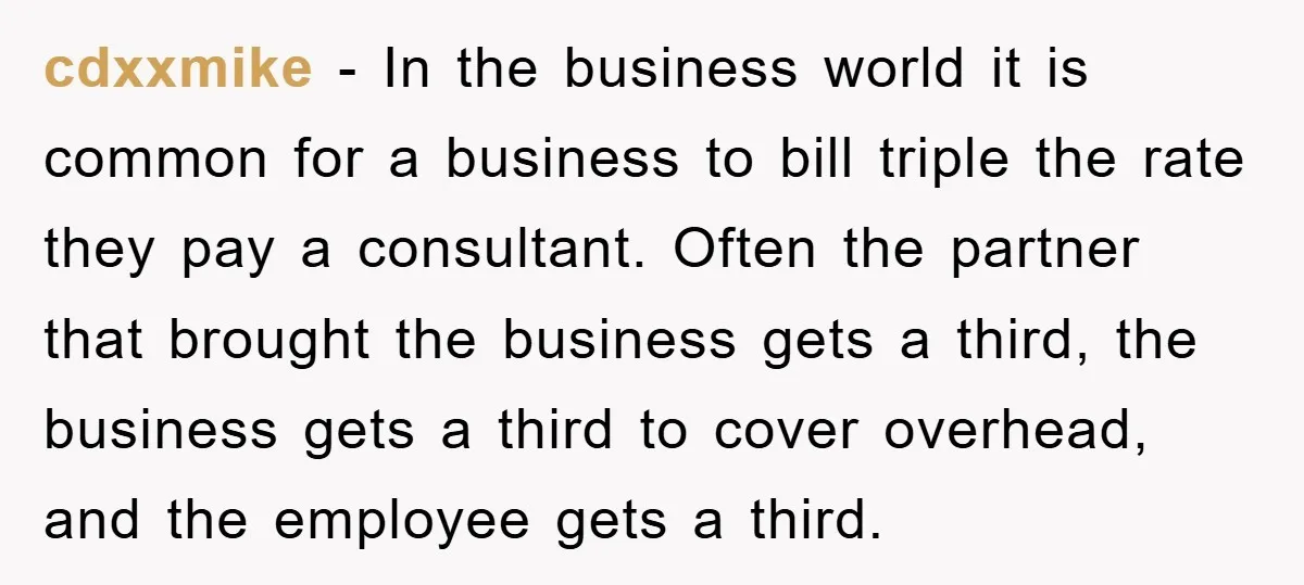 cdxxmike − In the business world it is common for a business to bill triple the rate they pay a consultant. Often the partner that brought the business gets a...