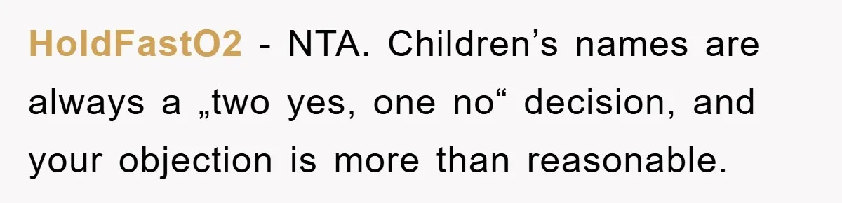 HoldFastO2 − NTA. Children’s names are always a „two yes, one no“ decision, and your objection is more than reasonable.