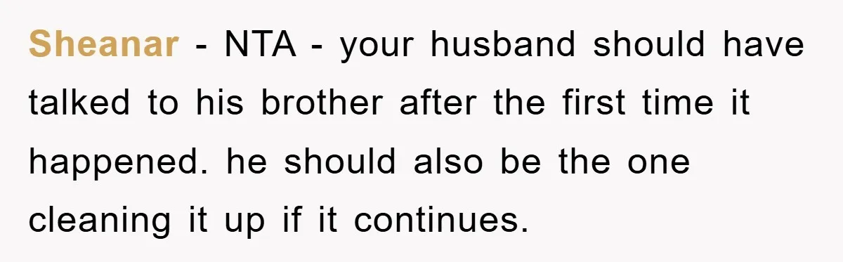 Sheanar − NTA - your husband should have talked to his brother after the first time it happened. he should also be the one cleaning it up if it continues.