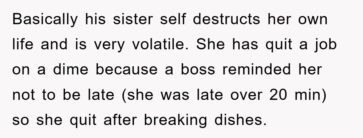 Basically his sister self destructs her own life and is very volatile. She has quit a job on a dime because a boss reminded her not to be late (she...