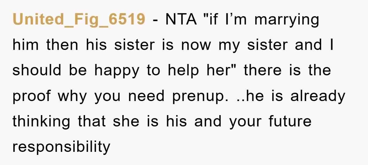 United_Fig_6519 − NTA "if I’m marrying him then his sister is now my sister and I should be happy to help her" there is the proof why you need prenup....