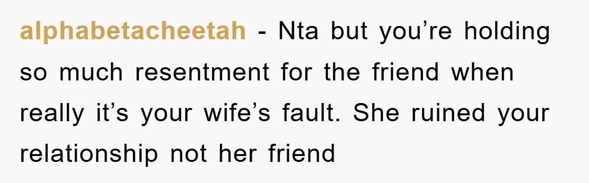 alphabetacheetah − Nta but you’re holding so much resentment for the friend when really it’s your wife’s fault. She ruined your relationship not her friend