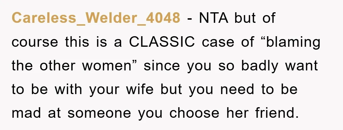 Careless_Welder_4048 − NTA but of course this is a CLASSIC case of “blaming the other women” since you so badly want to be with your wife but you need to...