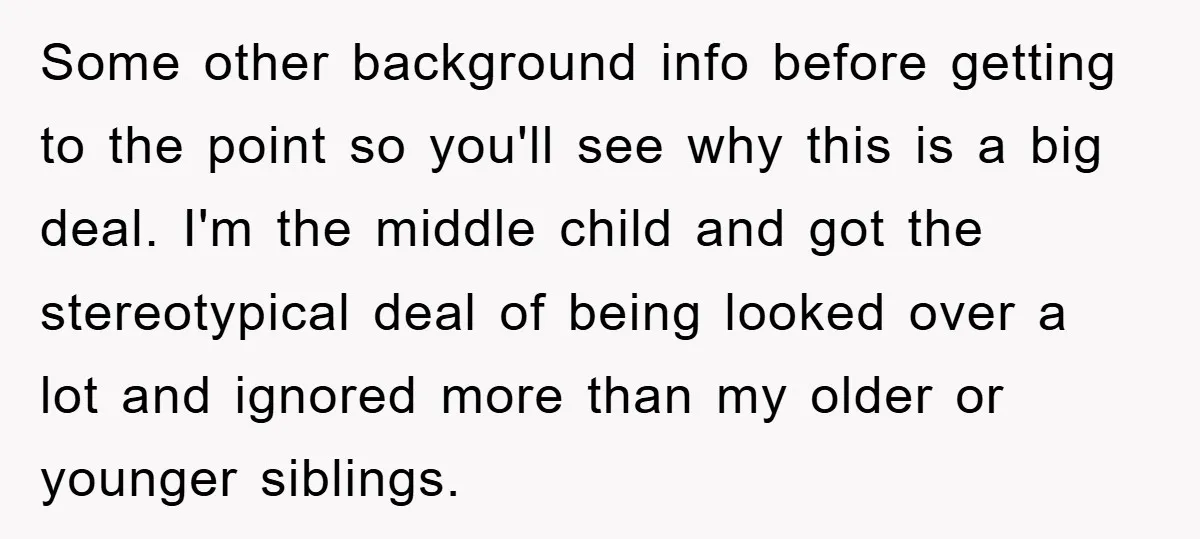 Some other background info before getting to the point so you'll see why this is a big deal. I'm the middle child and got the stereotypical deal of being looked...
