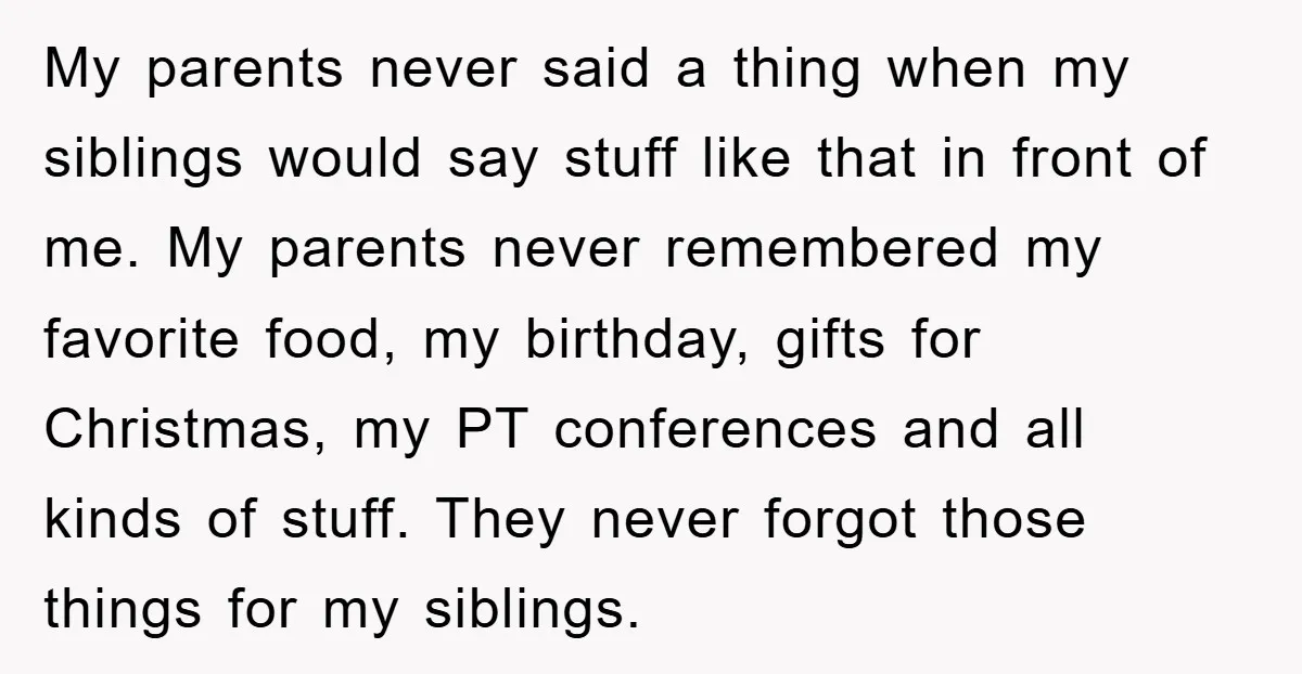 My parents never said a thing when my siblings would say stuff like that in front of me. My parents never remembered my favorite food, my birthday, gifts for Christmas,...