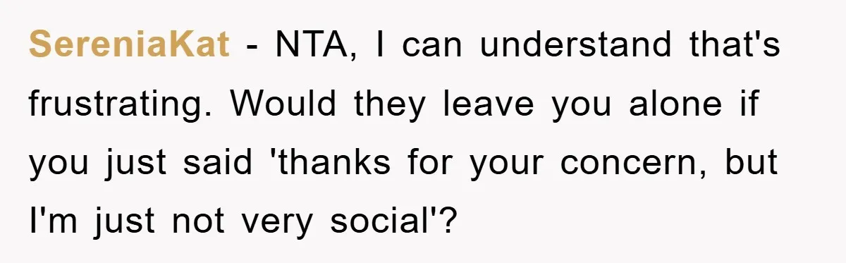 SereniaKat − NTA, I can understand that's frustrating. Would they leave you alone if you just said 'thanks for your concern, but I'm just not very social'?