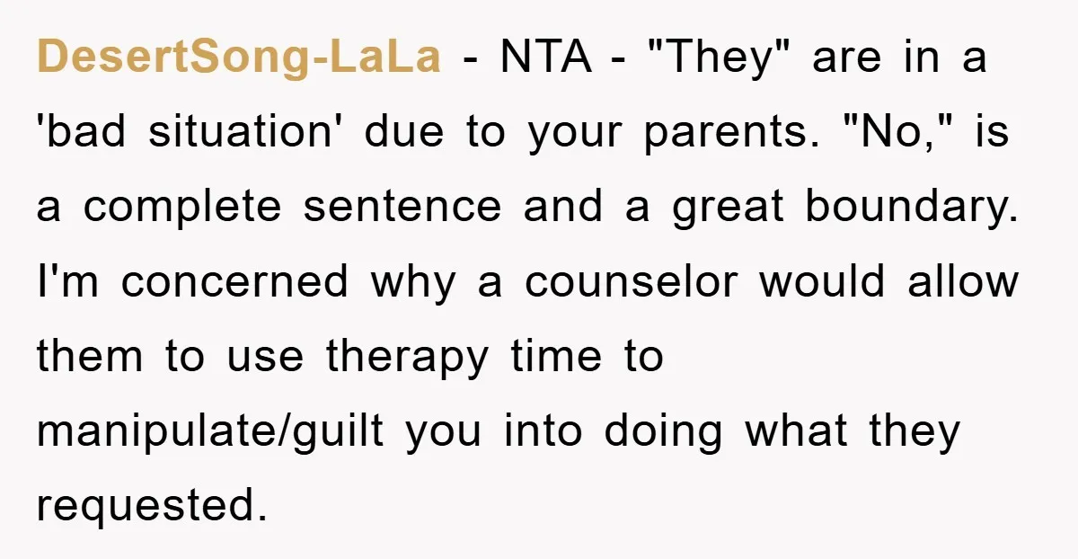 DesertSong-LaLa − NTA - "They" are in a 'bad situation' due to your parents. "No," is a complete sentence and a great boundary. I'm concerned why a counselor would allow...