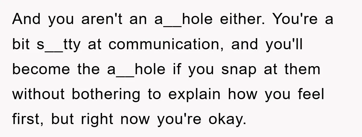 And you aren't an a__hole either. You're a bit s__tty at communication, and you'll become the a__hole if you snap at them without bothering to explain how you feel first,...