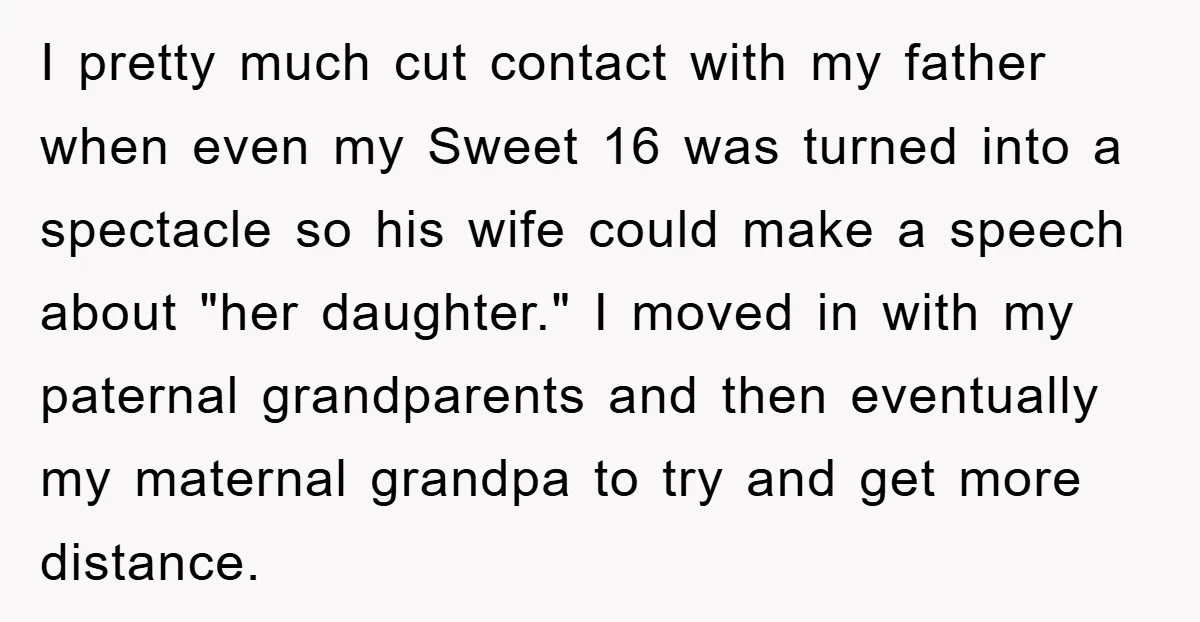 I pretty much cut contact with my father when even my Sweet 16 was turned into a spectacle so his wife could make a speech about "her daughter." I moved...