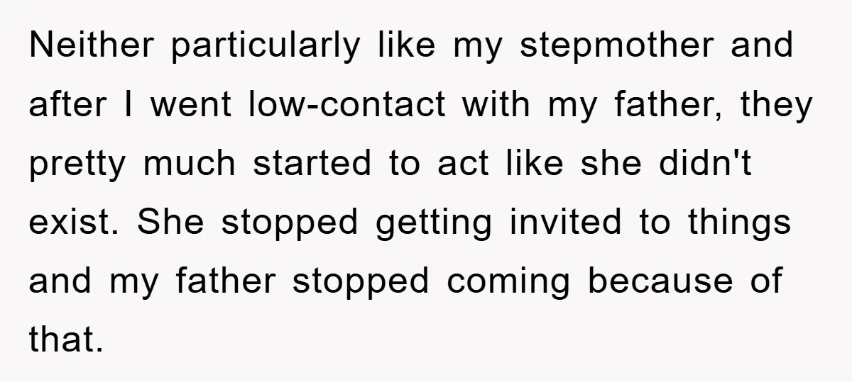 Neither particularly like my stepmother and after I went low-contact with my father, they pretty much started to act like she didn't exist. She stopped getting invited to things and...