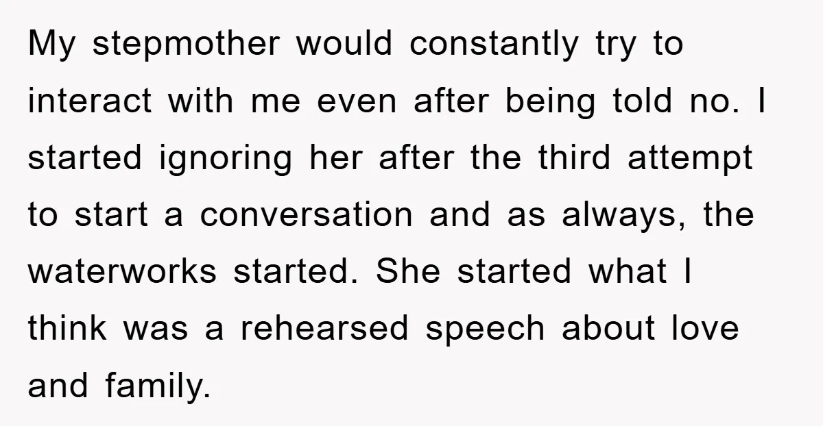 My stepmother would constantly try to interact with me even after being told no. I started ignoring her after the third attempt to start a conversation and as always, the...