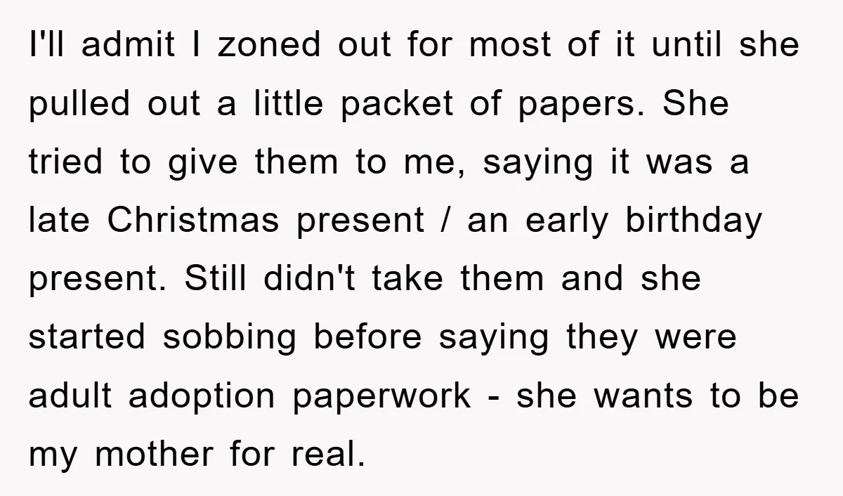 I'll admit I zoned out for most of it until she pulled out a little packet of papers. She tried to give them to me, saying it was a late...