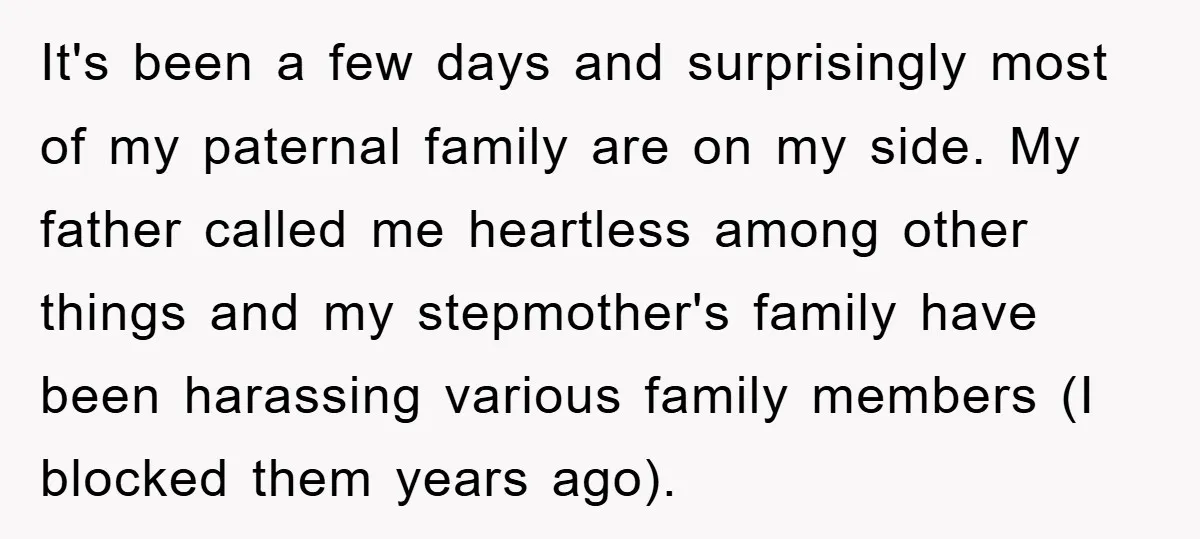 It's been a few days and surprisingly most of my paternal family are on my side. My father called me heartless among other things and my stepmother's family have been...