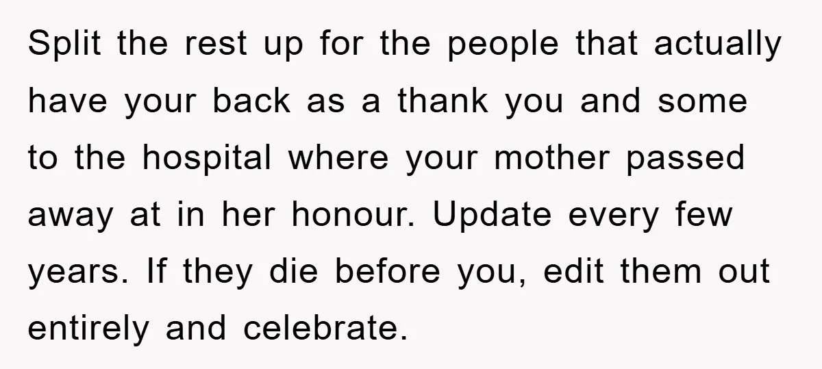 Split the rest up for the people that actually have your back as a thank you and some to the hospital where your mother passed away at in her honour....
