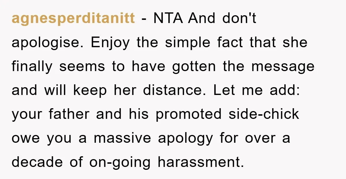 agnesperditanitt − NTA And don't apologise. Enjoy the simple fact that she finally seems to have gotten the message and will keep her distance. Let me add: your father and...