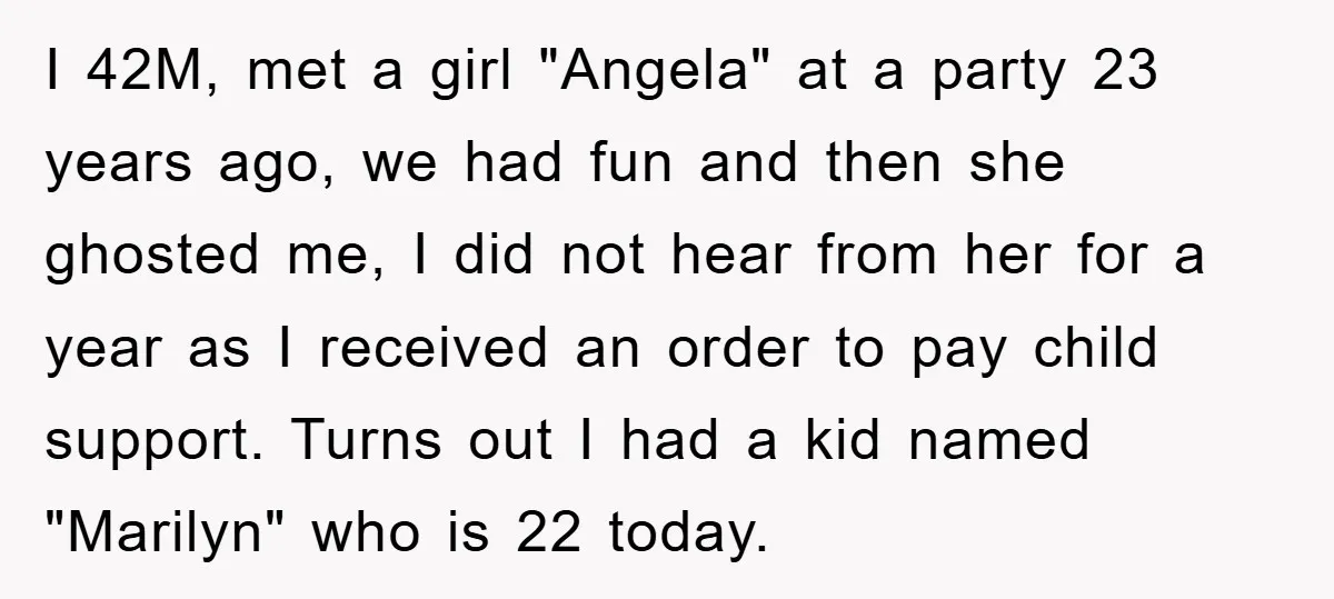 I 42M, met a girl "Angela" at a party 23 years ago, we had fun and then she ghosted me, I did not hear from her for a year as...