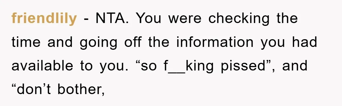friendlily − NTA. You were checking the time and going off the information you had available to you. “so f__king pissed”, and “don’t bother,