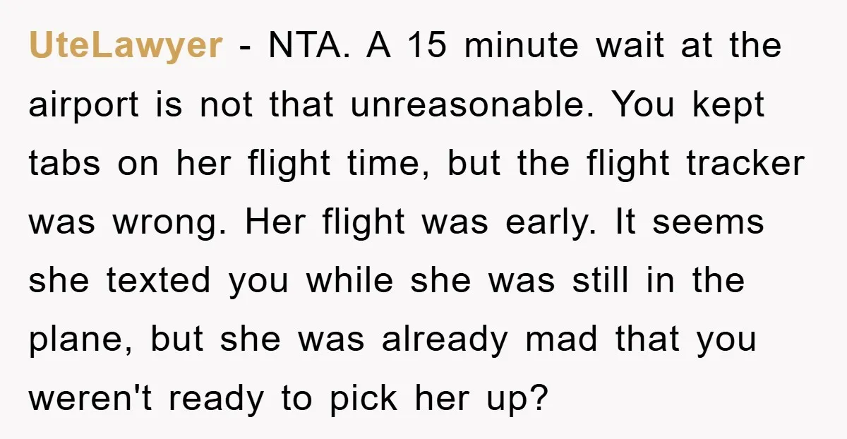 UteLawyer − NTA. A 15 minute wait at the airport is not that unreasonable. You kept tabs on her flight time, but the flight tracker was wrong. Her flight was...