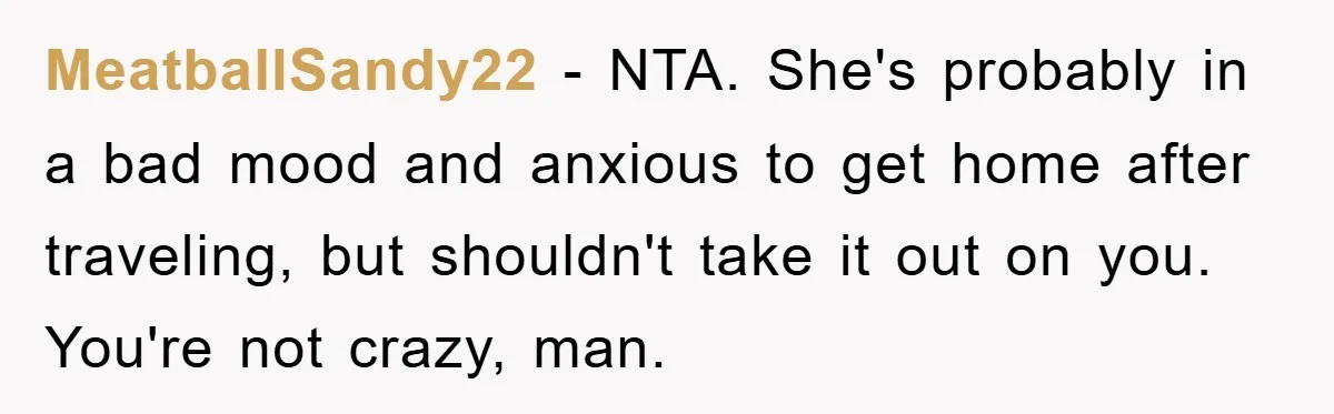 MeatballSandy22 − NTA. She's probably in a bad mood and anxious to get home after traveling, but shouldn't take it out on you. You're not crazy, man.