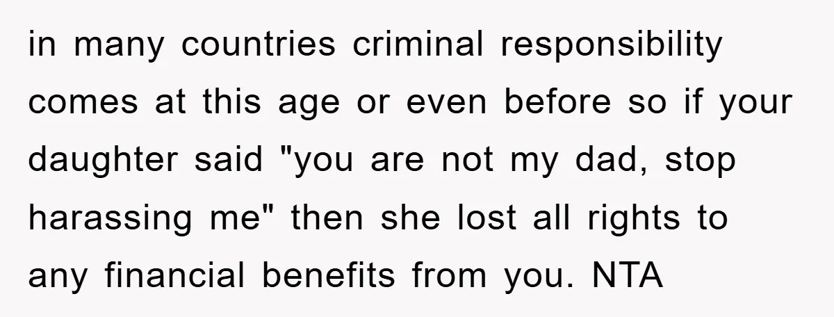 in many countries criminal responsibility comes at this age or even before so if your daughter said "you are not my dad, stop harassing me" then she lost all rights...
