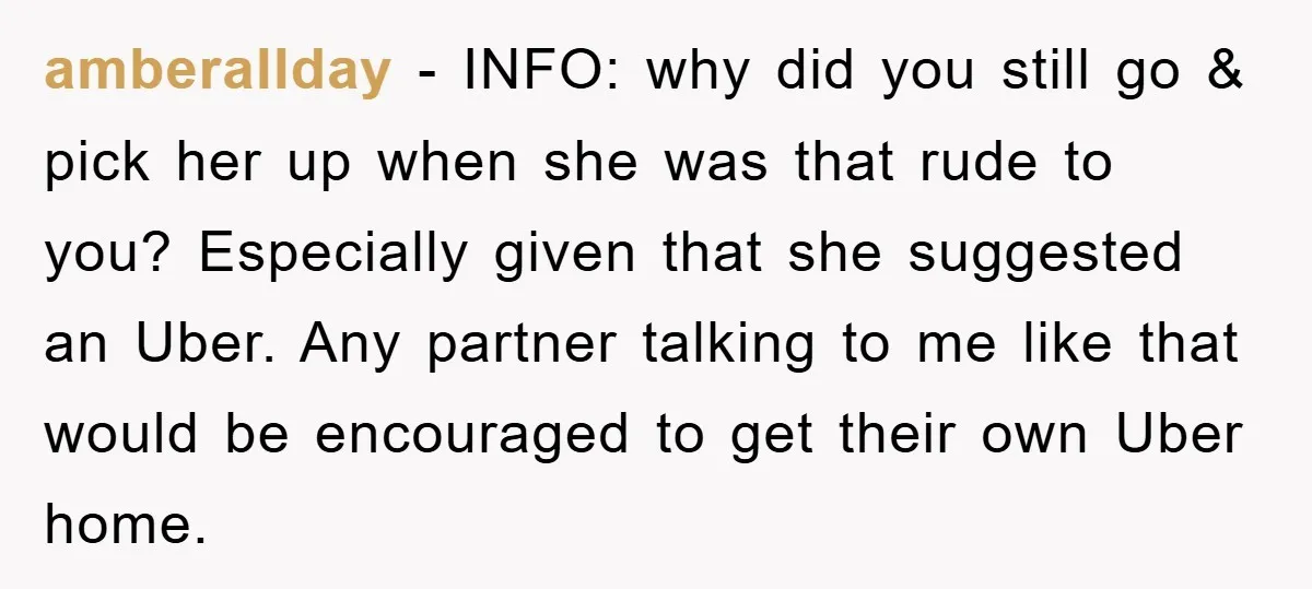 amberallday − INFO: why did you still go & pick her up when she was that rude to you? Especially given that she suggested an Uber. Any partner talking to...