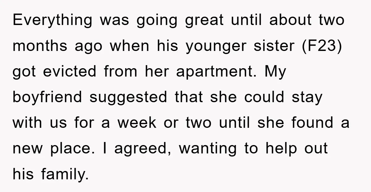 Everything was going great until about two months ago when his younger sister (F23) got evicted from her apartment. My boyfriend suggested that she could stay with us for a...