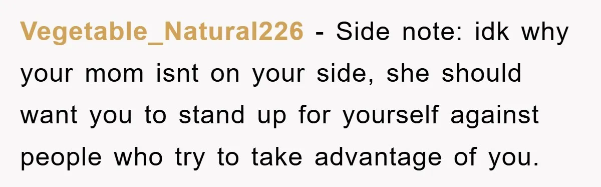 Vegetable_Natural226 − Side note: idk why your mom isnt on your side, she should want you to stand up for yourself against people who try to take advantage of you.