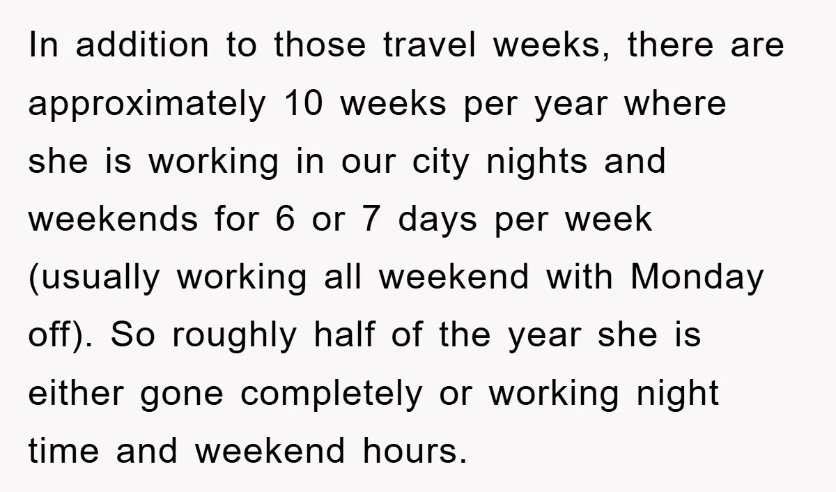 In addition to those travel weeks, there are approximately 10 weeks per year where she is working in our city nights and weekends for 6 or 7 days per week...