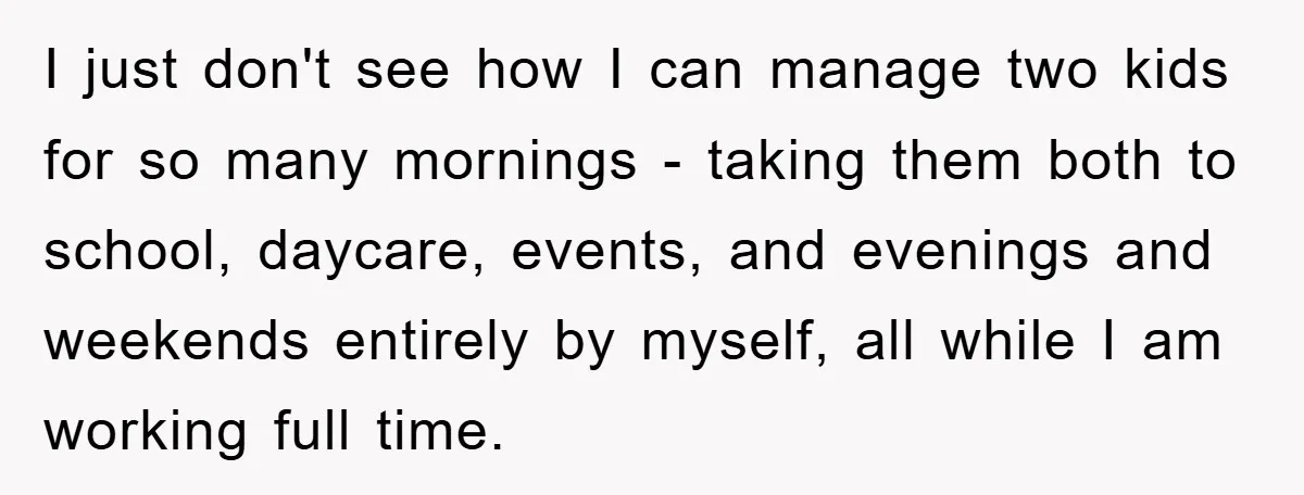 I just don't see how I can manage two kids for so many mornings - taking them both to school, daycare, events, and evenings and weekends entirely by myself, all...
