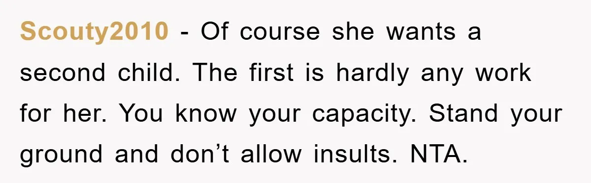 Scouty2010 − Of course she wants a second child. The first is hardly any work for her. You know your capacity. Stand your ground and don’t allow insults. NTA.