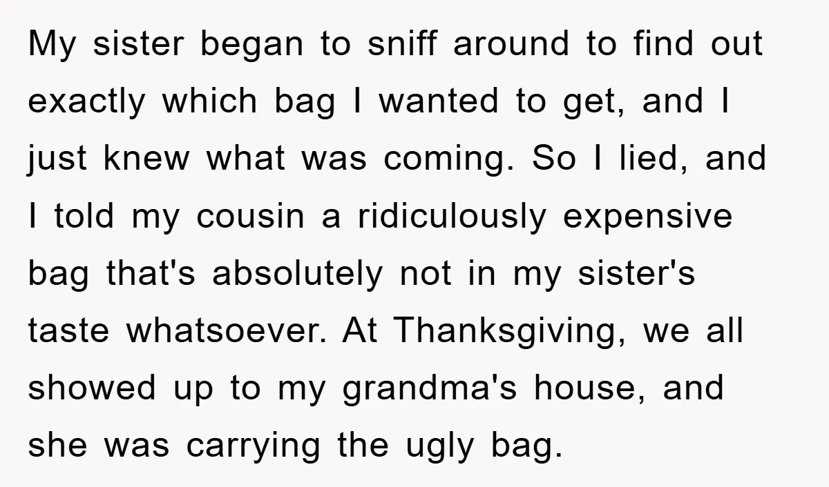 My sister began to sniff around to find out exactly which bag I wanted to get, and I just knew what was coming. So I lied, and I told my...