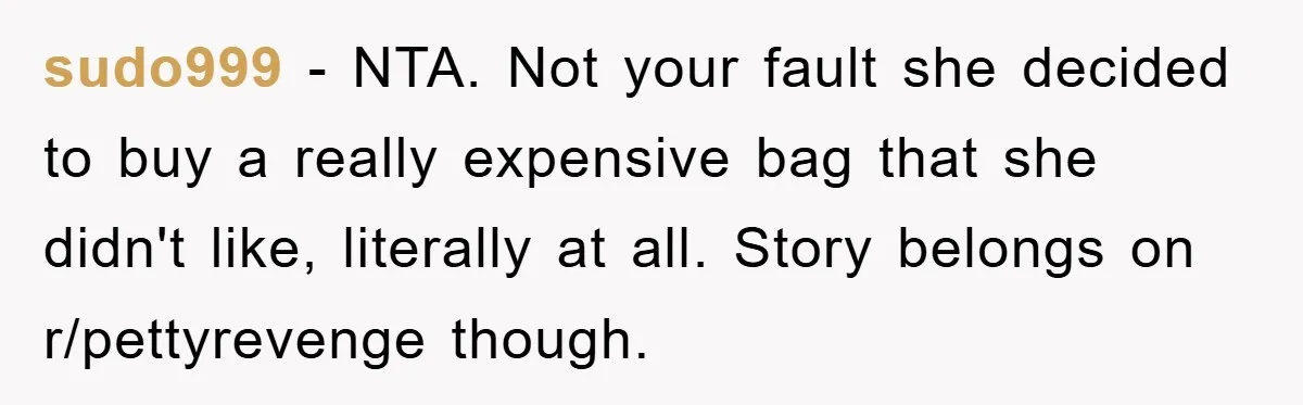 sudo999 − NTA. Not your fault she decided to buy a really expensive bag that she didn't like, literally at all. Story belongs on r/pettyrevenge though.