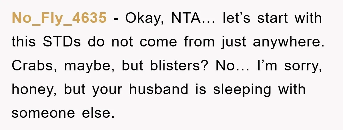 No_Fly_4635 − Okay, NTA… let’s start with this STDs do not come from just anywhere. Crabs, maybe, but blisters? No… I’m sorry, honey, but your husband is sleeping with someone...