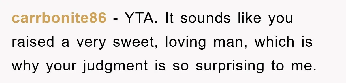 carrbonite86 − YTA. It sounds like you raised a very sweet, loving man, which is why your judgment is so surprising to me.