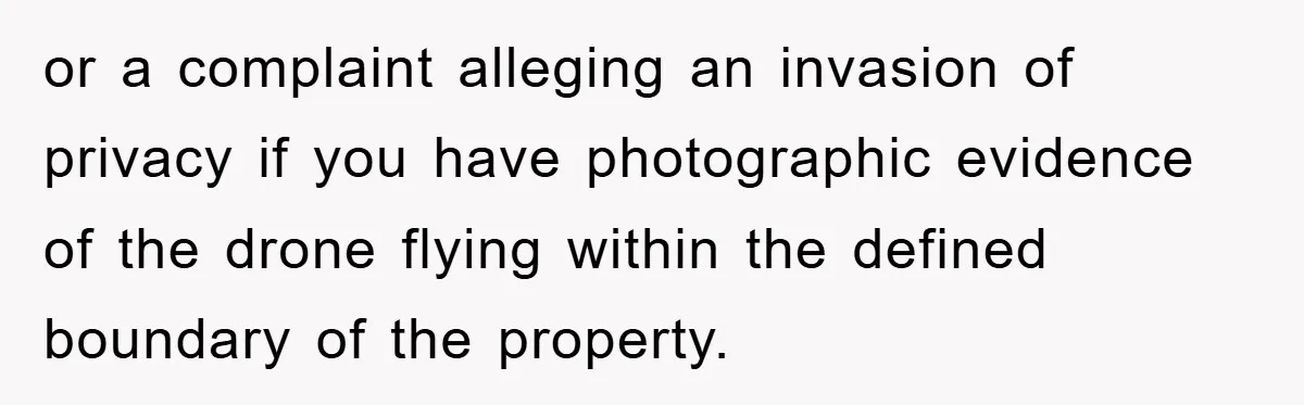 or a complaint alleging an invasion of privacy if you have photographic evidence of the drone flying within the defined boundary of the property.