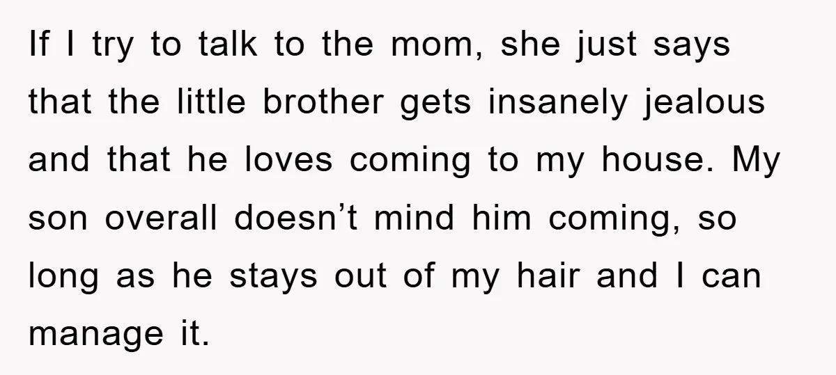 If I try to talk to the mom, she just says that the little brother gets insanely jealous and that he loves coming to my house. My son overall doesn’t...